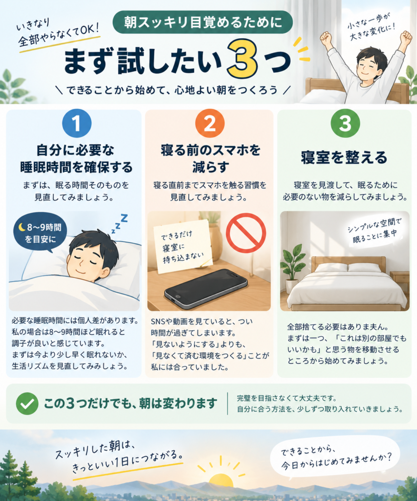 朝スッキリ目覚める3つの習慣 図解